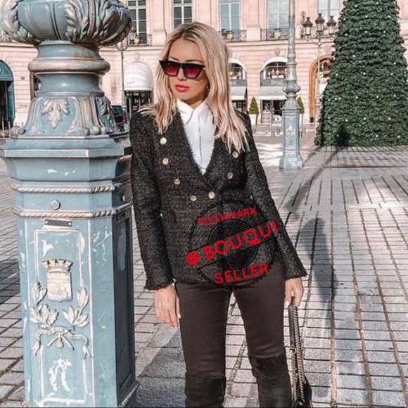 ZARA TWEED BLAZER JACKET WITH GOLD BUTTONS